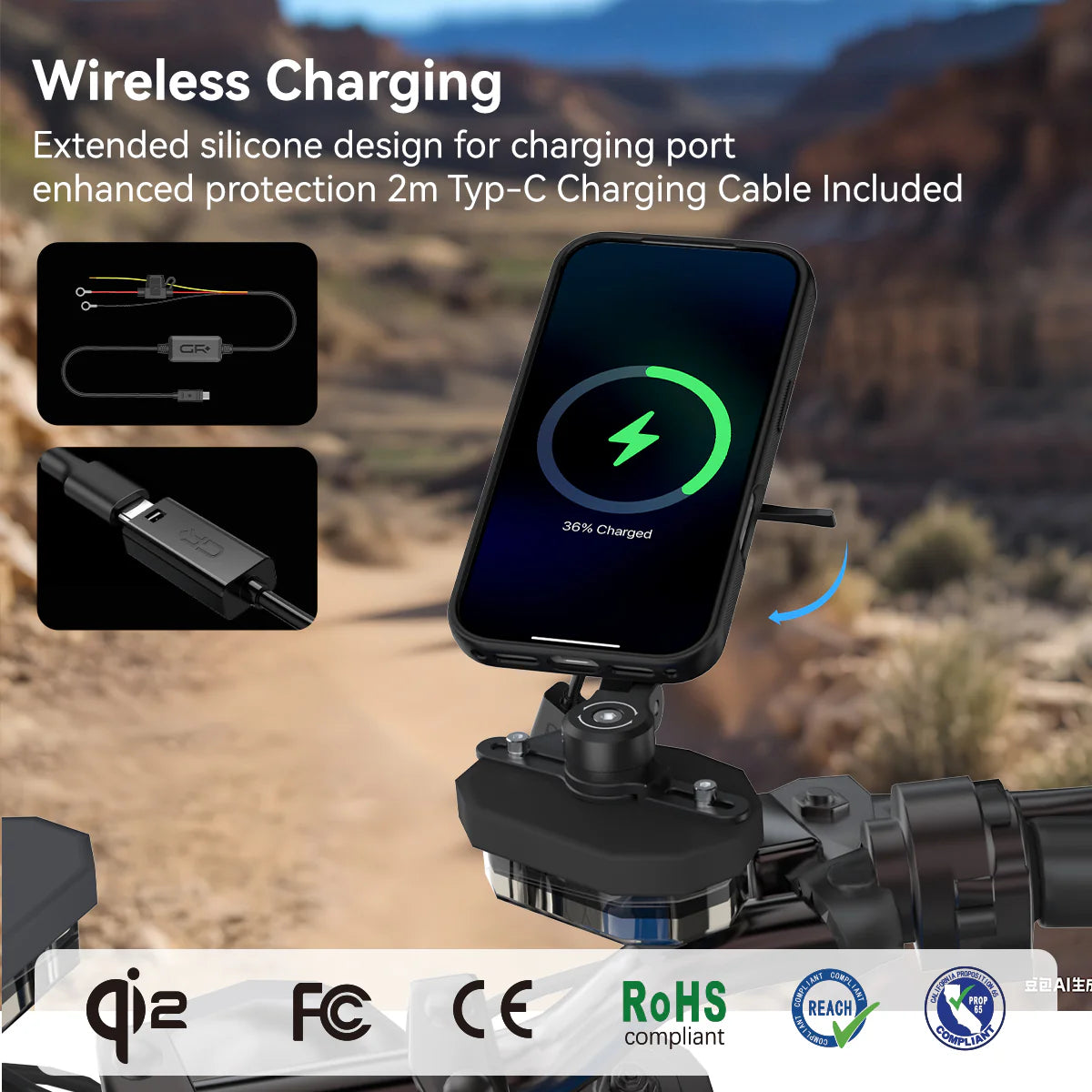 GRXPLORE GR-MW62 Brake Reservoir Mount with Wireless Charging with Vibration Dampener