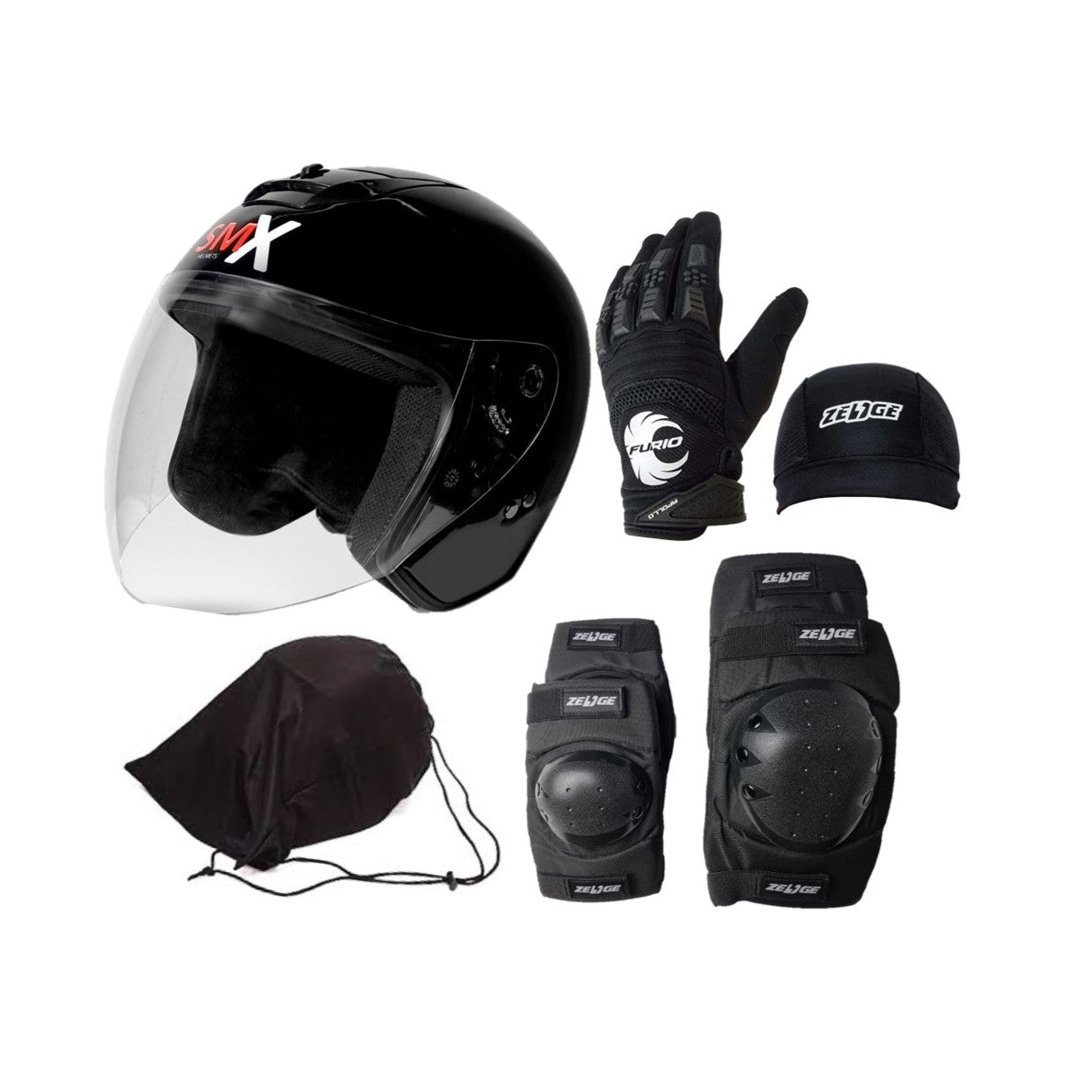 Motorcycle Student Learner Basic Bundle (1 Helmet + 1 Glove + 1 Elbow Knee Guard + 1 Head Cover + 1 Helmet Bag)