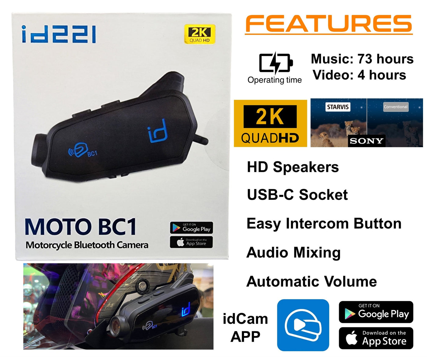 id221 MOTO BC1 Motorcycle Helmet Bluetooth Camera Communicator