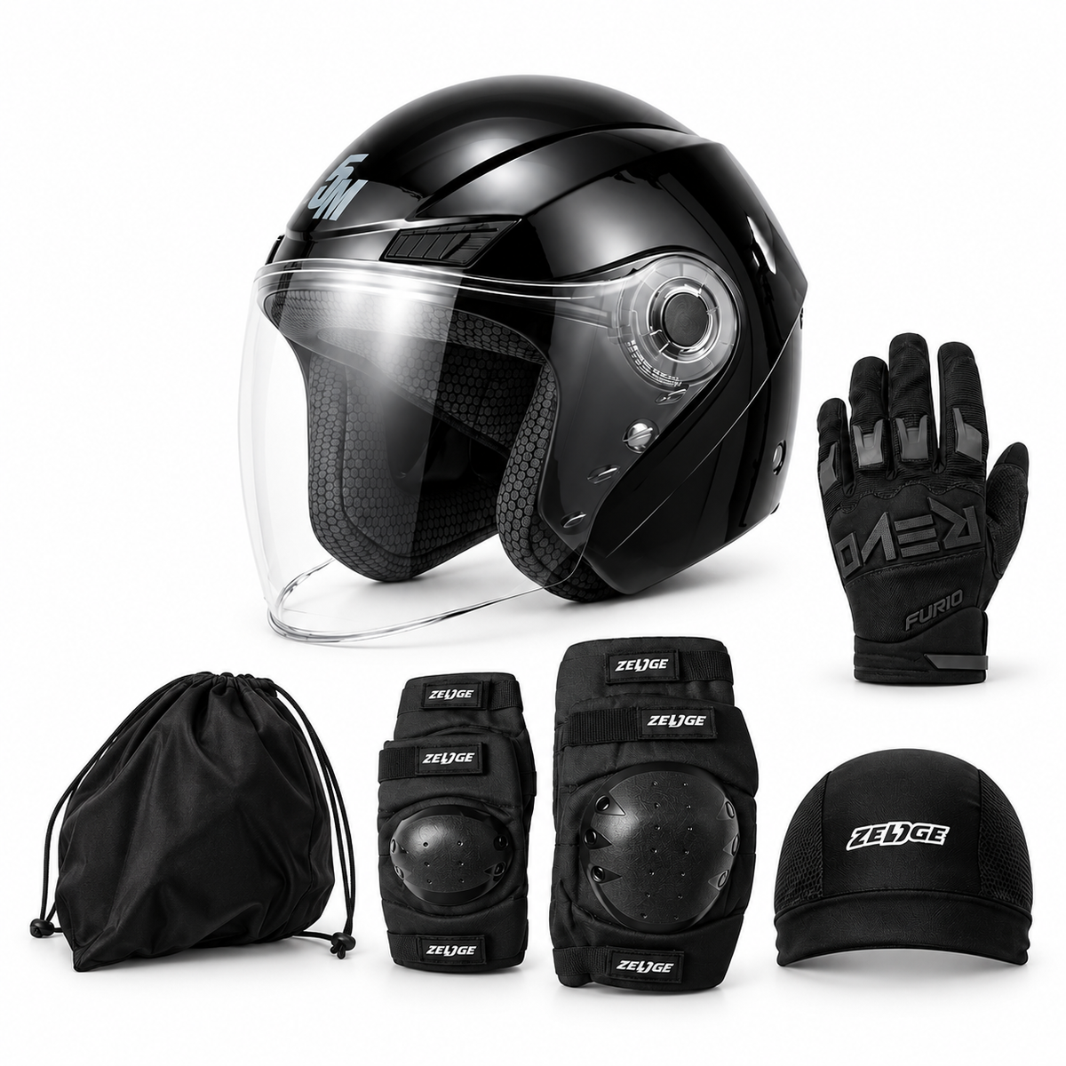 Motorcycle Student Learner Basic Bundle (1 Helmet + 1 Glove + 1 Elbow Knee Guard + 1 Head Cover + 1 Helmet Bag)