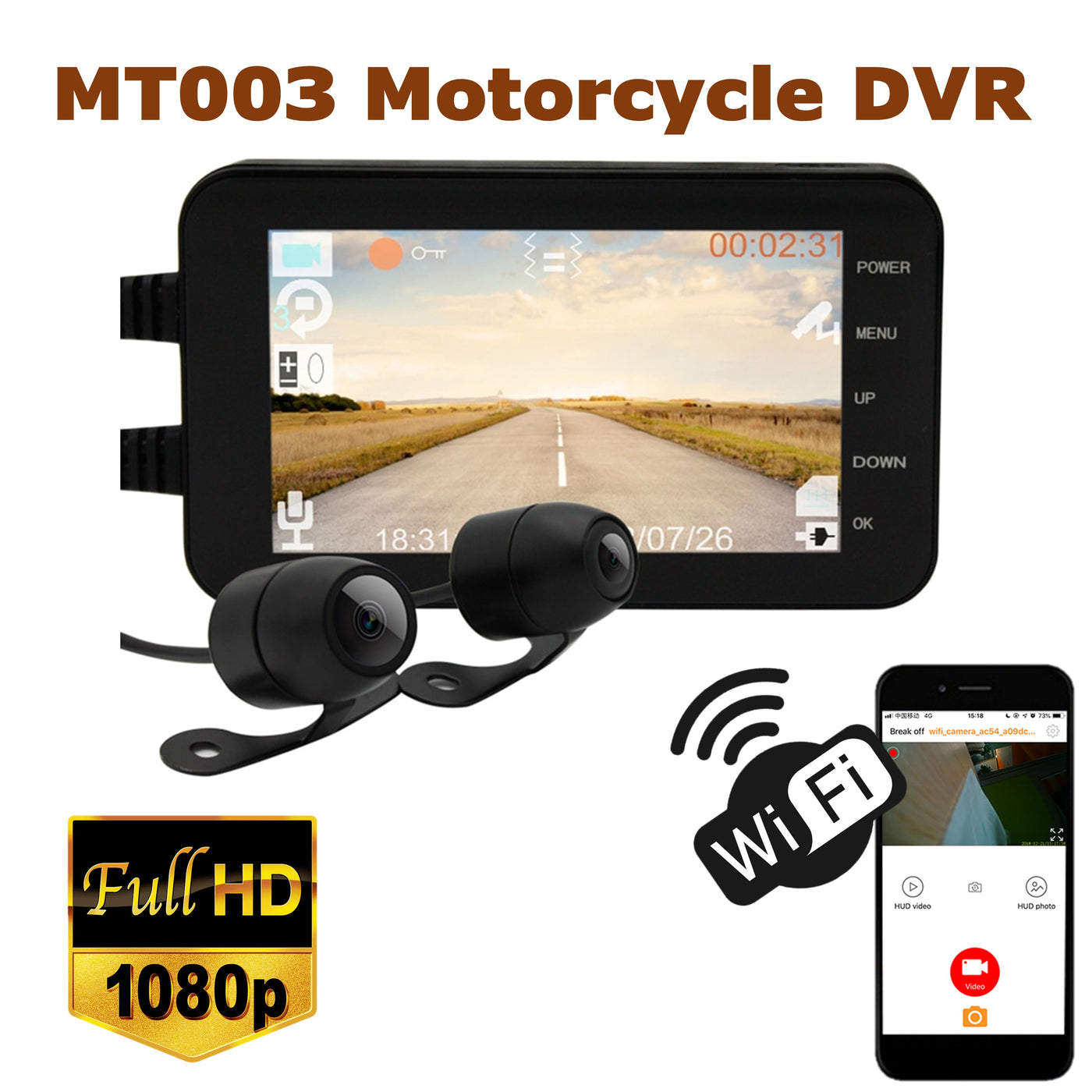 MT003 4.0 inch WIFI LCD Motorcycle DVR Camera Recorder- Black