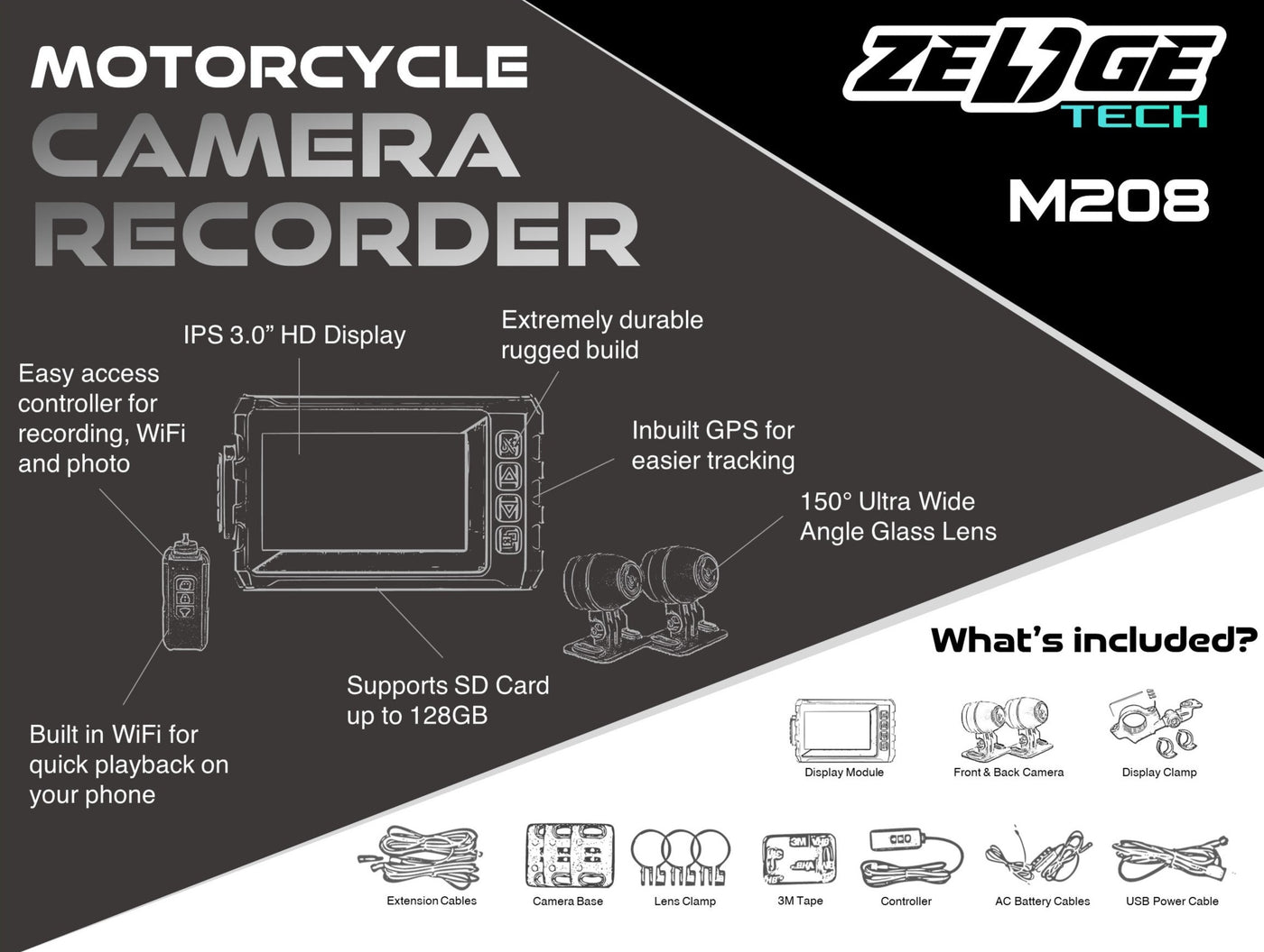 Zedge Motorcycle Camera Recorder M208 DVR v2 (Upgraded SONY Sensor Lens)