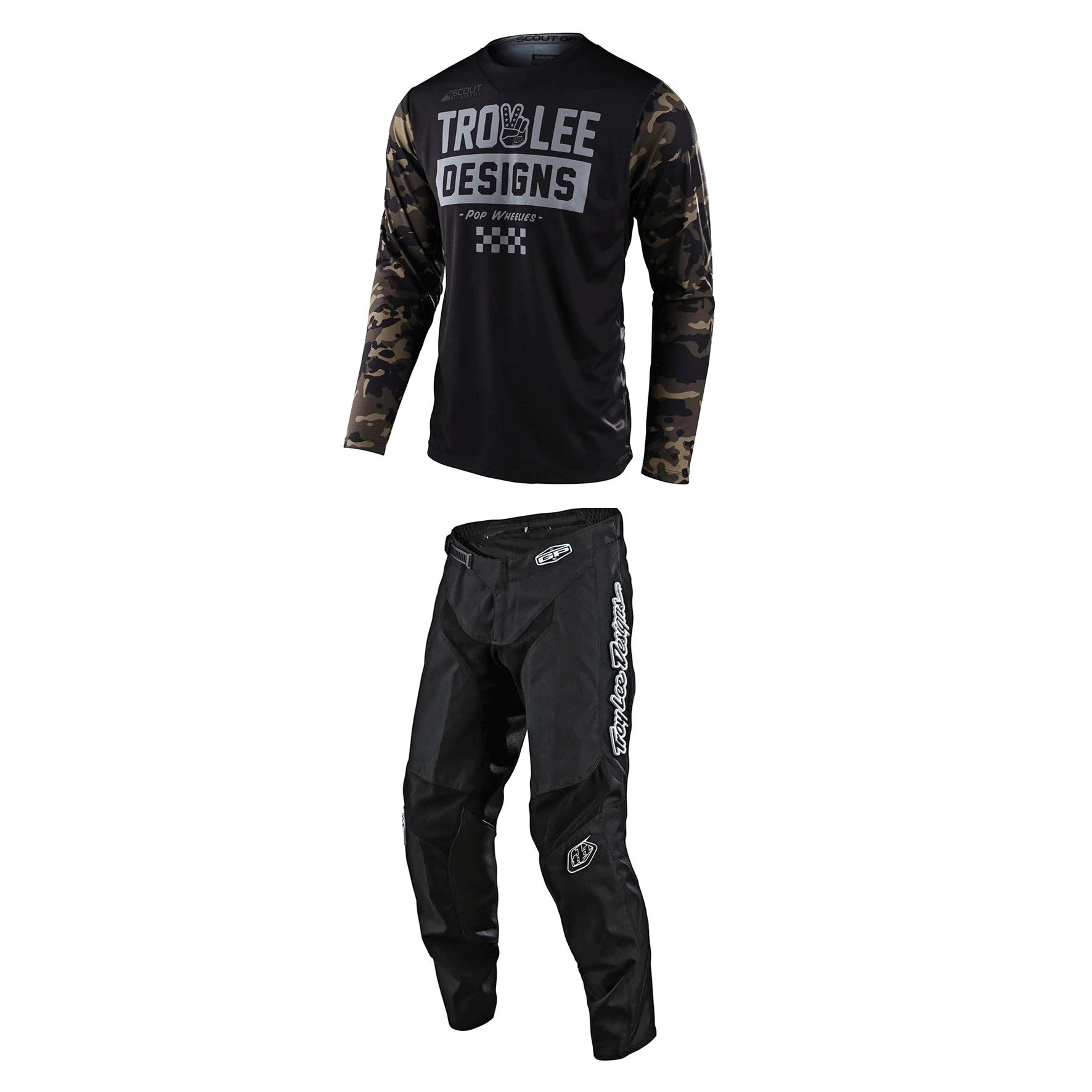 Troy Lee Designs JERSEY SET Scout GP Off-Road Peace & Wheelies Camo Green + GP Air Pant Mono Black